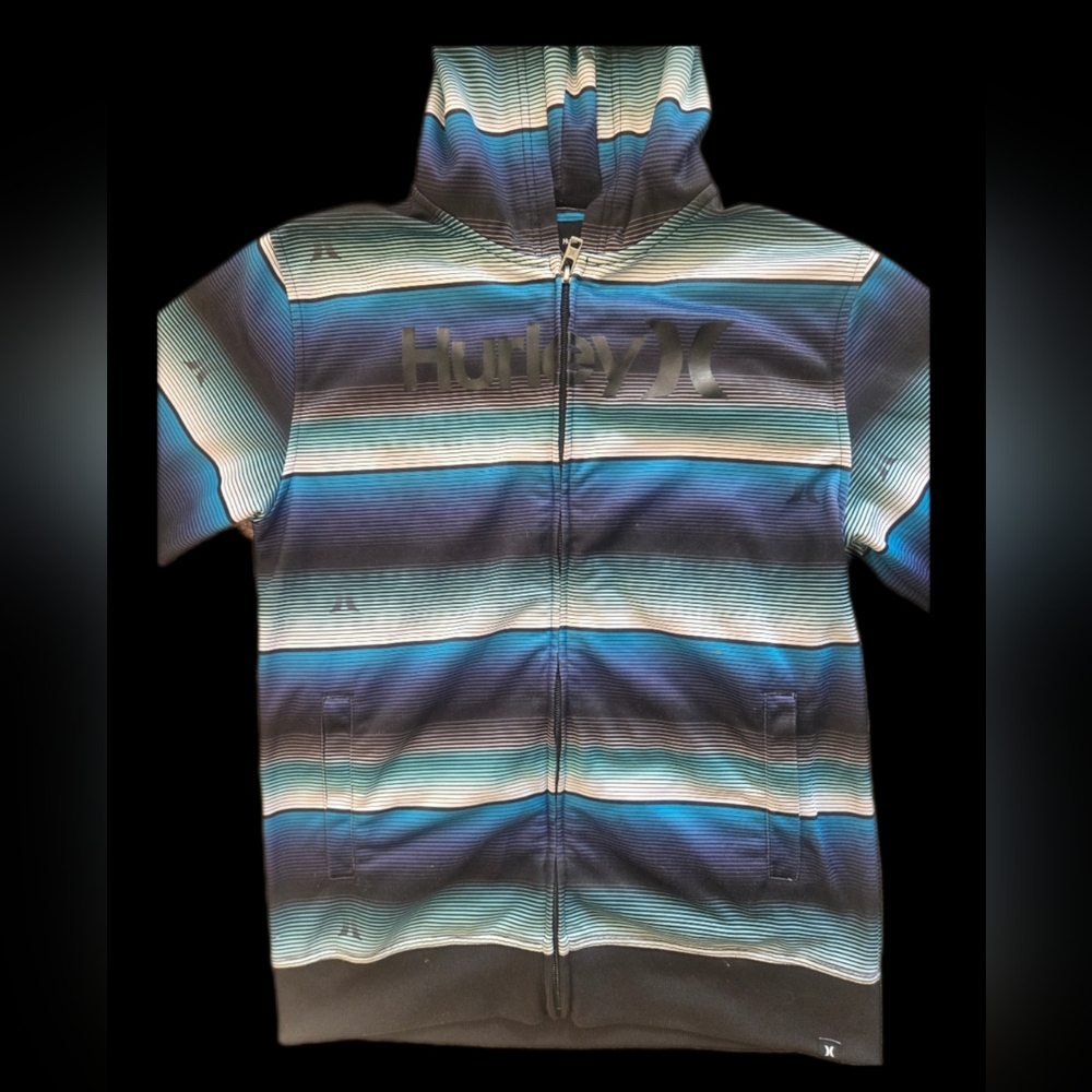 Hurley Sweatshirt Youth Large Blue Black And White Striped Full Zip Hoodie‎